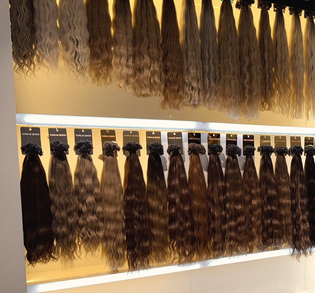 Wand mit Extensions in Blond- und Brauntönen im Salon